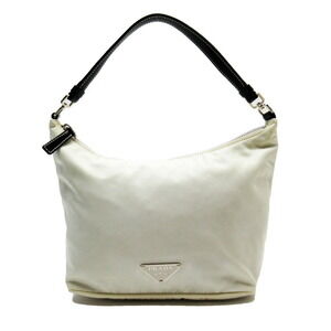 PRADA Accessory Pouch Handbag Triangle Logo White Black Silver Leather